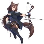  1girl absurdres animal_ear_fluff animal_ears arrow bangs belt belt_buckle black_cloak black_footwear black_gloves black_shorts blush boots bow_(weapon) brown_hair brown_legwear buckle cloak eyebrows_visible_through_hair full_body gloves grey_belt grey_sweater hair_between_eyes highres holding holding_bow_(weapon) holding_weapon knee_boots long_hair looking_away looking_to_the_side open_mouth original outstretched_arm partly_fingerless_gloves ponta_(velmar) quiver red_eyes ribbed_sweater short_shorts shorts simple_background solo sweater tail thigh-highs thighhighs_under_boots turtleneck turtleneck_sweater v-shaped_eyebrows very_long_hair weapon white_background 