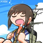  blue_background blue_sailor_collar blush brown_hair closed_eyes clouds day drooling eyebrows_visible_through_hair fubuki_(kantai_collection) kantai_collection open_mouth outdoors ponytail rariatto_(ganguri) rigging sailor_collar school_uniform serafuku shirt short_sleeves sleeping u_u white_shirt 