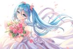  1girl blue_eyes blue_hair bouquet dress eyebrows_visible_through_hair floating_hair flower hair_between_eyes hair_flower hair_ornament hatsune_miku highres lalazyt light_smile long_hair petals solo twintails very_long_hair vocaloid white_background white_dress 