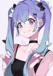  1girl absurdres bare_shoulders blue_background blue_eyes blue_hair blush bow breasts choker commentary_request hair_between_eyes hair_bow hatsune_miku highres long_hair looking_at_viewer purple_nails revision simple_background smile solo twintails vocaloid yuu_(higashi_no_penguin) 