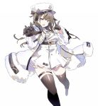  1girl :d azur_lane black_gloves black_hair black_legwear coat commentary_request eyebrows_visible_through_hair fur-trimmed_coat fur-trimmed_sleeves fur_trim gloves hat long_hair long_sleeves looking_at_viewer open_mouth pamiat_merkuria_(azur_lane) partial_commentary pink_eyes shirotae_moyashi simple_background smile solo thigh-highs thigh_strap twintails white_background zettai_ryouiki 