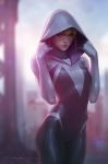  1girl adjusting_hood blonde_hair blurry blurry_background bodysuit gwen_stacy highres hood jee-hyung_lee looking_at_viewer marvel signature solo spider-gwen spider-man_(series) spider_web_print standing sunlight sunrise superhero 