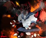  blue_sailor_collar blue_skirt dated destoroyah fire godzilla_(series) monster no_humans open_mouth pleated_skirt rariatto_(ganguri) red_eyes sailor_collar school_uniform serafuku shirt short_sleeves skirt spread_wings white_shirt wings 