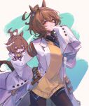  1girl agnes_tachyon_(umamusume) ahoge animal_ears arm_behind_back artist_name black_necktie breasts brown_hair brown_pantyhose chibi chibi_inset closed_mouth coat collared_shirt cowboy_shot hand_up horse_ears horse_girl horse_tail lab_coat medium_hair necktie open_clothes open_coat orange_eyes pantyhose pen shirt short_necktie sleeves_past_fingers sleeves_past_wrists small_breasts smile solo sweater_vest tail test_tube umamusume welchino 