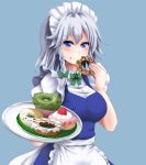  1girl :t apron bangs blue_background blue_dress blue_eyes blush bow bowtie braid breasts commentary_request doughnut dress eyebrows_visible_through_hair food frilled_apron frills fruit green_bow green_neckwear hair_bow hand_up holding holding_food holding_tray izayoi_sakuya kyomu_(zerokyomu) large_breasts looking_at_viewer maid maid_apron maid_headdress partial_commentary puffy_short_sleeves puffy_sleeves shirt short_hair short_sleeves silver_hair simple_background solo strawberry touhou tray upper_body waist_apron white_apron white_shirt 