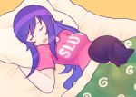  1girl black_cat blanket breasts cat commentary commission english_commentary fore fuck-me_shirt hair_down highres jill_stingray medium_breasts meme_attire pillow purple_hair shirt sleeping solo_focus t-shirt va-11_hall-a vibrantrida 