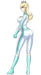  1girl ass ass_focus biker_clothes bikesuit blonde_hair blue_eyes boots breasts crown earrings highres irohazakayouth jewelry lingerie looking_at_viewer super_mario_bros. nintendo rosalina simple_background super_mario_bros. underwear white_background white_skin 