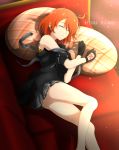  1girl absurdres ahoge bangs black_gloves black_scrunchie character_name closed_eyes couch fate/grand_order fate_(series) from_above fujimaru_ritsuka_(female) gloves grey_skirt hair_ornament hair_scrunchie highres lying miniskirt on_side orange_hair parted_lips pleated_skirt scrunchie shi_ma86 shiny shiny_hair short_hair skirt sleeping solo swept_bangs 