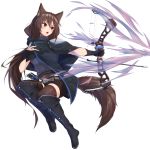  1girl absurdres animal_ear_fluff animal_ears arrow bangs belt belt_buckle black_cloak black_footwear black_gloves black_shorts blush boots bow_(weapon) brown_hair brown_legwear buckle cloak eyebrows_visible_through_hair full_body gloves grey_belt grey_sweater hair_between_eyes highres holding holding_bow_(weapon) holding_weapon knee_boots long_hair looking_away looking_to_the_side open_mouth original outstretched_arm partly_fingerless_gloves ponta_(velmar) quiver red_eyes ribbed_sweater short_shorts shorts simple_background solo sweater tail thigh-highs thighhighs_under_boots turtleneck turtleneck_sweater v-shaped_eyebrows very_long_hair weapon white_background 