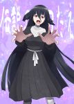  1girl akashingo_(rotampel) bandages black_hair character_name dress highres long_dress long_hair open_mouth outstretched_arms purple_background red_eyes star starry_background yamada_tae zombie_land_saga zombie_pose 
