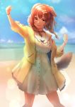  1girl :3 :d akinashe animal_ears blurry blurry_background bone_hair_ornament braid brown_hair clouds commentary_request day depth_of_field dog_ears dog_tail dress highres hololive inugami_korone lens_flare long_hair looking_at_viewer open_mouth outdoors sky smile solo standing tail twin_braids virtual_youtuber water white_dress 