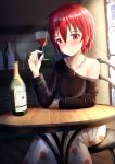  1girl alcohol bangs bare_shoulders black_shirt blush bottle closed_mouth collarbone commentary commission cup drinking_glass english_commentary eyebrows_visible_through_hair floral_print glint hair_between_eyes highres holding holding_cup indoors jewelry nose_blush off_shoulder on_chair original pendant print_skirt prophosphere red_eyes redhead rose_print shirt sitting skirt smile solo table unmoving_pattern white_skirt window wine_glass 