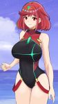  1girl bangs bare_arms bare_shoulders breasts clouds covered_navel desspie eyebrows_visible_through_hair highres pyra_(xenoblade) huge_breasts looking_at_viewer one-piece_swimsuit red_eyes redhead sky smile solo swept_bangs swimsuit water xenoblade_(series) xenoblade_2 