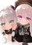  2girls absurdres all_fours arm_belt backlighting bandaged_arm bandages bangs bare_shoulders beret black_bow black_capelet black_gloves black_headwear blush bow braid breasts capelet closed_mouth doll_joints facial_scar fate/apocrypha fate/extra fate_(series) fingerless_gloves frills fur-trimmed_capelet fur_trim gloves green_eyes grey_hair hair_between_eyes hat highres jack_the_ripper_(fate/apocrypha) long_hair looking_at_viewer multiple_girls nishin_(nsn_0822) nursery_rhyme_(fate/extra) open_mouth scar scar_across_eye scar_on_cheek short_hair silver_hair simple_background single_glove small_breasts smile striped striped_bow twin_braids violet_eyes white_background 