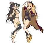  2girls :d :o arm_up armlet ass bangs bare_legs bare_shoulders barefoot bikini black_bikini_bottom black_bow black_hair black_legwear black_leotard black_sleeves blonde_hair blush bow breasts cape commentary_request detached_collar detached_sleeves earrings ereshkigal_(fate/grand_order) eyebrows_visible_through_hair fate/grand_order fate_(series) full_body hair_bow highres hoop_earrings ishtar_(fate)_(all) ishtar_(fate/grand_order) jewelry leotard long_hair mismatched_bikini multiple_girls open_mouth parted_bangs pointing pointing_at_viewer purple_bow purple_cape red_eyes simple_background single_detached_sleeve single_thighhigh sjw_kazuya skull small_breasts smile spine stirrup_legwear strapless strapless_bikini strapless_leotard swimsuit thigh-highs tiara toeless_legwear two_side_up very_long_hair white_background white_bikini_top yellow_footwear 