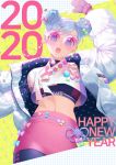  1girl 2020 :o bangs black_gloves blue_eyes bow crop_top double_bun earrings fingerless_gloves gloves hair_bow happy_new_year heart heart-shaped_pupils highres jacket jewelry light_blue_hair looking_at_viewer multiple_bows new_year open_mouth original pink_shorts ribbon ribbonari round_eyewear shorts solo swept_bangs symbol-shaped_pupils white_jacket 