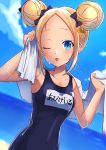  1girl abigail_williams_(fate/grand_order) bangs bare_shoulders black_bow blonde_hair blue_eyes blue_sky blue_swimsuit blush bow breasts collarbone double_bun fate/grand_order fate_(series) forehead highres long_hair looking_at_viewer multiple_bows name_tag ocean one-piece_swimsuit one_eye_closed open_mouth orange_bow parted_bangs sky small_breasts solo swimsuit towel usu_(arisu) wet 