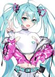  1girl aqua_eyes aqua_hair aqua_nails asle belt fingerless_gloves gloves hair_between_eyes hand_on_hip hatsune_miku jacket long_hair looking_at_viewer midriff nail_polish open_mouth simple_background solo twintails v very_long_hair vocaloid white_background 