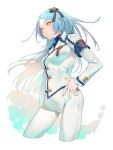  1girl bangs black_ribbon blue_hair closed_mouth contrapposto cropped_legs floating_hair hair_ribbon hand_on_hip jacket long_hair looking_at_viewer original pants parted_bangs ribbon skin_tight solo white_jacket white_pants yamakawa yellow_eyes yellow_nails 