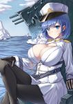  1girl a907514173 absurdres azur_lane black_gloves black_legwear blue_eyes blue_hair blush breasts chapayev_(azur_lane) closed_mouth eyebrows_visible_through_hair gloves hair_ornament hat highres iceberg jacket large_breasts looking_at_viewer military_hat ocean pantyhose peaked_cap short_hair sitting smile solo turret white_headwear white_jacket 