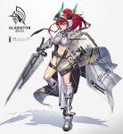  1girl breasts cape crop_top full_body gauntlets hair_ribbon holding holding_shield holding_sword holding_weapon horns large_breasts long_hair looking_at_viewer mecha_musume mechanical_legs midriff nadare-san_(nadare3nwm) navel original pelvic_curtain ponytail redhead ribbon shadow shield shoes simple_background sleeveless smile solo standing standing_on_one_leg stomach sword thigh_strap thighs v-shaped_eyebrows visor_cap weapon white_background yellow_eyes 
