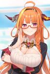  1girl absurdres ahoge blonde_hair blurry blurry_background bow braid breasts collared_shirt commentary_request depth_of_field dragon_girl dragon_horns eyebrows_visible_through_hair glasses hairband head_tilt highres hololive horn_bow horns inq kiryuu_coco large_breasts long_hair looking_at_viewer multicolored multicolored_eyes multicolored_hair orange_hair pink_eyes semi-rimless_eyewear shirt solo streaked_hair striped striped_bow under-rim_eyewear upper_body v-shaped_eyebrows very_long_hair violet_eyes virtual_youtuber wing_collar 