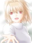  1girl :d arcueid_brunestud bangs blonde_hair eyebrows_visible_through_hair floating_hair hair_between_eyes hair_intakes highres long_sleeves looking_at_viewer open_mouth outstretched_hand reaching_out red_eyes short_hair smile solo sweater taniryuu2 tsukihime upper_body white_sweater 