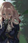  1girl bangs blonde_hair blue_jacket blurry blurry_background eyebrows_visible_through_hair floating_hair hair_between_eyes hair_ribbon highres holding jacket long_hair long_sleeves prosthetic_hand red_ribbon ribbon shiny shiny_hair solo tlilichi upper_body violet_evergarden violet_evergarden_(character) white_neckwear 