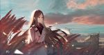  1girl absurdres belt blue_sky brown_hair closed_mouth clouds coat day doitsu_no_kagaku expressionless highres long_hair looking_away original outdoors red_eyes scenery sky solo very_long_hair white_coat 
