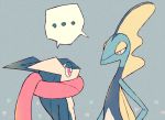  ... creature gen_6_pokemon gen_8_pokemon greninja grey_background inteleon no_humans pokemon pokemon_(creature) shiwo_(siwosi) simple_background spoken_ellipsis upper_body 