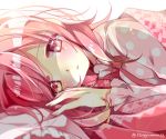  1girl alternate_costume alternate_hairstyle ayumaru_(art_of_life) backlighting bed_sheet blurry blush close-up depth_of_field expressionless eyebrows_visible_through_hair face fingernails half-closed_eyes hand_rest kaname_madoka long_sleeves looking_at_viewer lying mahou_shoujo_madoka_magica medium_hair messy_hair on_bed on_side pajamas parted_lips pillow pink_eyes pink_hair pink_pajamas pink_theme polka_dot polka_dot_pajamas shaded_face shiny shiny_hair simple_background sleepy solo twitter_username under_covers upper_body white_background 