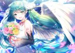  1girl adapted_costume angel_wings aqua_eyes aqua_hair aqua_nails bare_shoulders black_sleeves blue_sky blurry_foreground bouquet clouds commentary detached_sleeves dress falling_petals feathered_wings flower hair_ornament hatsune_miku holding holding_bouquet kashiwabara_en long_hair looking_at_viewer nail_polish neck_ribbon open_mouth outdoors petals pink_flower pink_rose ribbon rose shirt shoulder_tattoo sky sleeveless sleeveless_shirt smile solo tattoo twintails very_long_hair vocaloid white_dress wings yellow_flower 