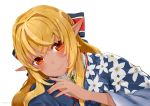  absurdres alternate_costume alternate_hairstyle blonde_hair blush closed_mouth dark_skin floral_print hair_between_eyes hair_ornament highres hololive inorihisa_nanaku japanese_clothes long_hair orange_eyes pointy_ears shiranui_flare signature upper_body virtual_youtuber white_background 