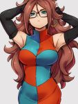  1girl android_21 black-framed_eyewear blue_eyes breasts checkered checkered_dress detached_sleeves dragon_ball dragon_ball_fighterz dress earrings glasses grey_background hair_between_eyes hands_up hoop_earrings jewelry kemachiku large_breasts long_hair looking_at_viewer redhead simple_background solo 
