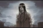  1boy armband bandage_over_one_eye bandages beard brown_hair city clouds coat eren_yeager facial_hair grey_eyes greyscale highres jacket long_hair looking_at_viewer male_focus monochrome mustache pi0w0pi shingeki_no_kyojin solo 