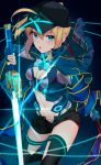  1girl absurdres ahoge artoria_pendragon_(all) bangs baseball_cap black_headwear black_legwear black_shorts blonde_hair blue_eyes blue_jacket blue_scarf blush breasts commentary_request dark_excalibur fate/grand_order fate_(series) hair_between_eyes hair_through_headwear hat highres himitsucalibur holding holding_sword holding_weapon huge_filesize jacket jun_(540000000000000) long_hair long_sleeves looking_at_viewer medium_breasts mysterious_heroine_x navel open_mouth open_track_jacket ponytail rojiura_satsuki:_chapter_heroine_sanctuary scarf shorts sidelocks solo sword thigh-highs thighs track_jacket weapon 