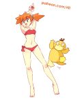  1girl :d aqua_eyes bikini feet gen_1_pokemon gym_leader highres holding kasumi_(pokemon) looking_at_viewer midriff navel open_mouth orange_hair poke_ball pokemon pokemon_(creature) pokemon_(game) psyduck red_bikini red_footwear rtil shirt shoes short_hair side_ponytail simple_background sleeveless smile sneakers solo swimsuit 