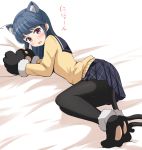  1girl aikawa_ryou animal_ear_fluff animal_ears bangs bed_sheet black_footwear black_gloves black_legwear black_sailor_collar blue_hair blue_skirt blush brown_sweater cat_ears cat_girl cat_tail commentary_request eyebrows_visible_through_hair full_body fur-trimmed_gloves fur_trim gloves highres kemonomimi_mode long_hair long_sleeves looking_at_viewer looking_to_the_side lying on_side open_mouth pantyhose paw_gloves paw_shoes paws pillow pleated_skirt sailor_collar school_uniform serafuku shima_rin shoe_soles shoes skirt solo sweater tail translated violet_eyes white_background yurucamp 