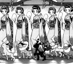 5girls dancing espeon flareon greyscale japanese_clothes jolteon kimono kimono_girl_(pokemon) monochrome multiple_girls official_art pokemon pokemon_special pose scan umbreon vaporeon 