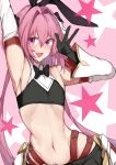  1boy absurdres arm_up armpits astolfo_(fate) astolfo_(saber)_(fate) bangs bare_shoulders belt black_bow black_gloves black_neckwear black_ribbon black_shirt black_skirt blush bow bowtie crop_top detached_sleeves elbow_gloves fang fate/grand_order fate_(series) faulds gloves hair_between_eyes hair_bow hair_intakes hair_ribbon hand_up highres long_hair looking_at_viewer low_twintails midriff multicolored_hair nanakaku navel open_mouth otoko_no_ko pink_background pink_hair ribbon shirt skin_fang skirt smile solo star starry_background streaked_hair twintails two-tone_background violet_eyes w white_background white_hair wing_collar 