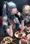  2girls artist_name bangs blonde_hair blue_eyes blue_hair blue_nails cake checkerboard_cookie cookie eating finger_licking food fork fruit hair_ornament hairclip hatsune_miku highres kagamine_rin knife lace licking long_hair looking_at_viewer multiple_girls nail_polish oohhya plate sitting spoon strawberry sweets table tongue tongue_out twintails vocaloid 