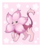  creature fangs floral_background gen_6_pokemon green_eyes highres lion no_humans phoelion pink_background pokemon pokemon_(creature) pyroar pyroar_(male) signature standing 
