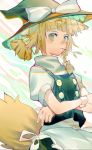  1girl absurdres alternate_hairstyle animal_ear_fluff animal_ears apron black_headwear black_skirt black_vest blonde_hair bow braid crossed_arms fox_ears fox_tail frilled_hat frills hair_bow hat hat_bow highres kirisame_marisa looking_at_viewer medium_hair mouth_hold noco_(pixiv14976070) shirt short_ponytail short_sleeves single_braid skirt solo stalk_in_mouth tail touhou turtleneck upper_body vest waist_apron white_bow white_shirt witch_hat wrist_cuffs yellow_eyes 