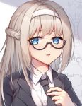  blue_eyes breasts gei_daipf glasses highres large_breasts lexington_(warship_girls_r) long_hair necktie open_clothes platinum_blonde_hair shirt tongue tongue_out uniform warship_girls_r 