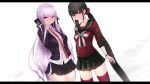  2girls bangs black_gloves black_hair black_jacket black_skirt blunt_bangs braid breasts cait closed_mouth collarbone collared_shirt commentary dangan_ronpa dangan_ronpa_1 flower gloves green_skirt hair_ornament hair_scrunchie hand_up harukawa_maki highres jacket kirigiri_kyouko letterboxed long_hair long_sleeves looking_at_viewer low_twintails medium_breasts miniskirt mole mole_under_eye multiple_girls necktie new_dangan_ronpa_v3 open_clothes open_jacket orange_neckwear plaid plaid_skirt pleated_skirt purple_hair red_eyes red_legwear red_shirt ribbon school_uniform scrunchie serafuku serious shirt side_braid simple_background skirt straight_hair thigh-highs twintails very_long_hair violet_eyes white_background white_flower white_ribbon white_shirt zettai_ryouiki 