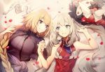  2girls aqua_eyes blonde_hair blue_eyes braid eyebrows_visible_through_hair fate/grand_order fate_(series) from_above headwear_removed holding_hands jeanne_d&#039;arc_(fate)_(all) long_hair lying marie_antoinette_(fate/grand_order) multiple_girls no-kan petals shirt single_braid sleeveless sleeveless_shirt smile twintails white_hair 