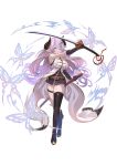  1girl absurdres asymmetrical_footwear asymmetrical_gloves bangs bare_shoulders belt black_gloves boots braid breasts demon_horns draph elbow_gloves full_body gloves granblue_fantasy hair_ornament hair_over_one_eye hairclip highres holding holding_sword holding_weapon horns huge_filesize katana large_breasts lavender_hair long_hair low-tied_long_hair low_tied_hair narmaya_(granblue_fantasy) pointy_ears sheath simple_background single_braid single_thighhigh sleeveless solo sword thigh-highs thigh_boots thigh_strap tied_hair tnr_(horiko1525) weapon white_background 
