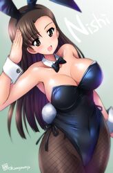  1girl animal_ears asymmetrical_bangs bangs black_leotard bow bowtie breasts brown_eyes brown_hair bunny_girl bunny_tail bunnysuit detached_collar fake_animal_ears fishnet_legwear fishnets girls_und_panzer kamogawa_tanuki large_breasts leotard long_hair looking_at_viewer nishi_kinuyo rabbit_ears shiny shiny_hair shiny_skin short_hair solo standing strapless strapless_leotard tail wrist_cuffs 