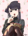  1girl black_eyes black_hair cherry cherry_background eating food fruit komi-san_wa_komyushou_desu komi_shouko long_hair mitsugu pantyhose solo 