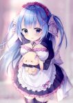  1girl apron bangs blue_hair blurry blurry_background breasts chia_momochi commentary_request dress eyebrows_visible_through_hair frills garter_straps hair_ornament highres holding long_hair maid maid_headdress open_mouth original signature solo stuffed_animal stuffed_toy thigh-highs two_side_up violet_eyes waist_apron x_hair_ornament 